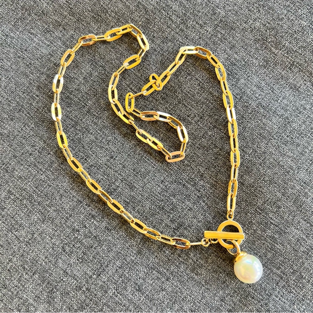 Sterling Silver 925 Gold Tone Freshwater Pearl Paperclip Necklace 18” Long